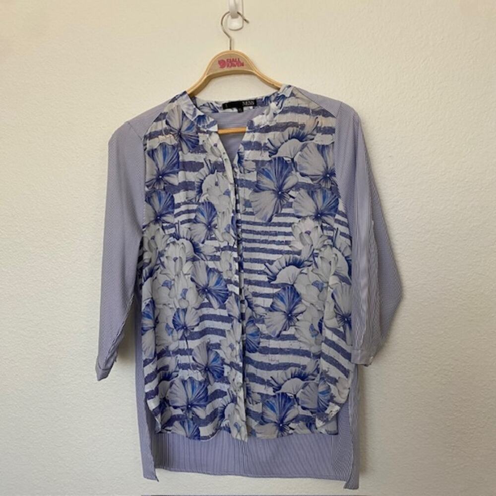 Ness Tunic Button Down Cut Collar Roll Tab Sleeves Striped Floral Women's XL‎